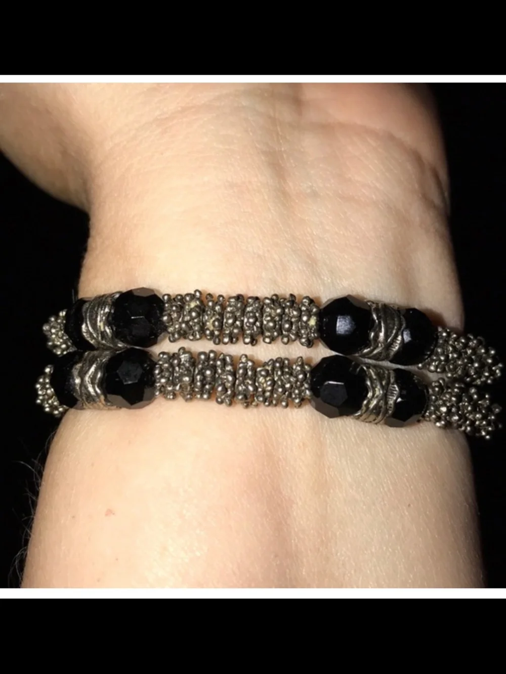 Vintage Senlon Women's Black Beaded Bracelet Watch with Ornate Silver-Tone Case